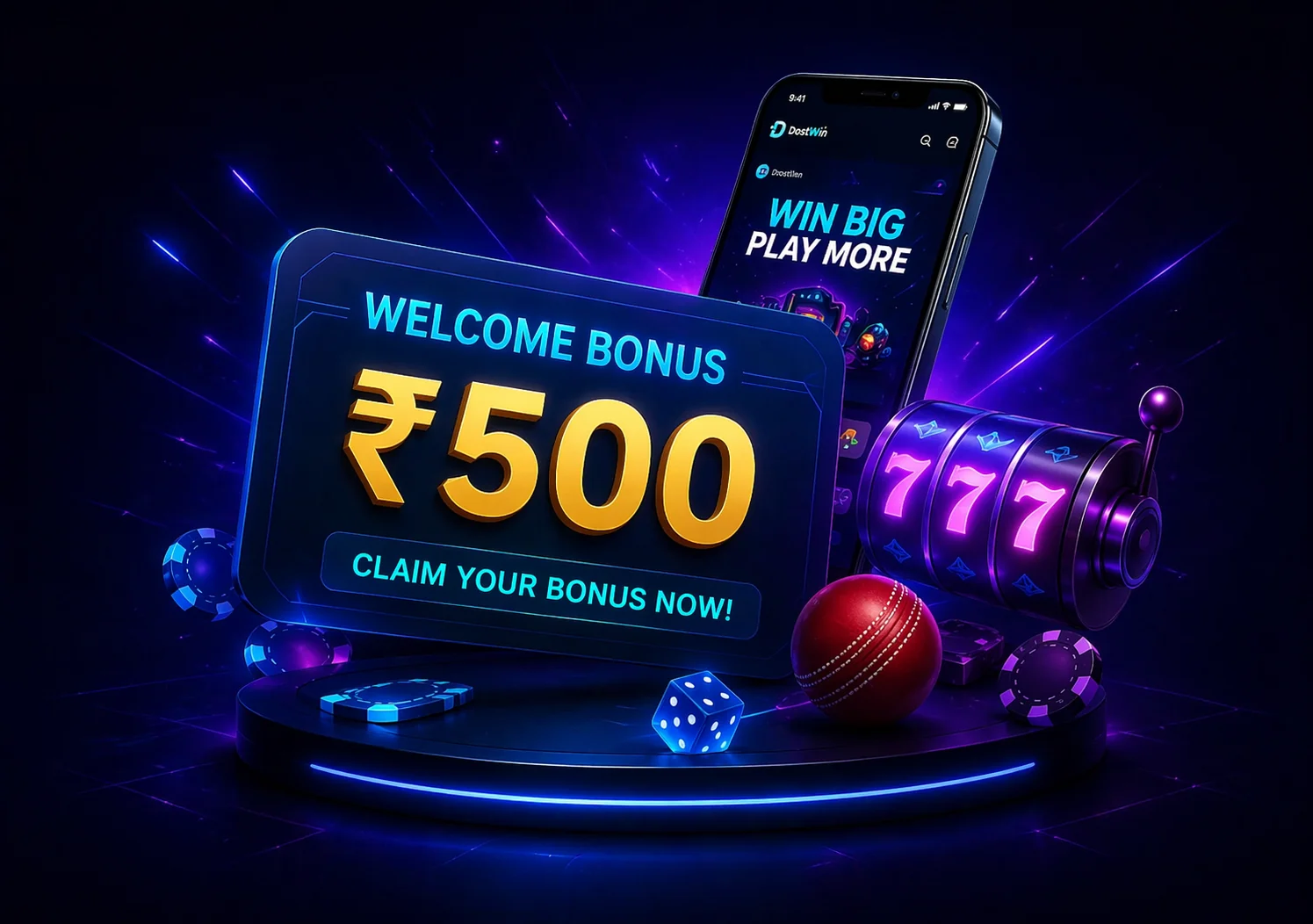 DostWin hero object with bonus card, smartphone and slot machine